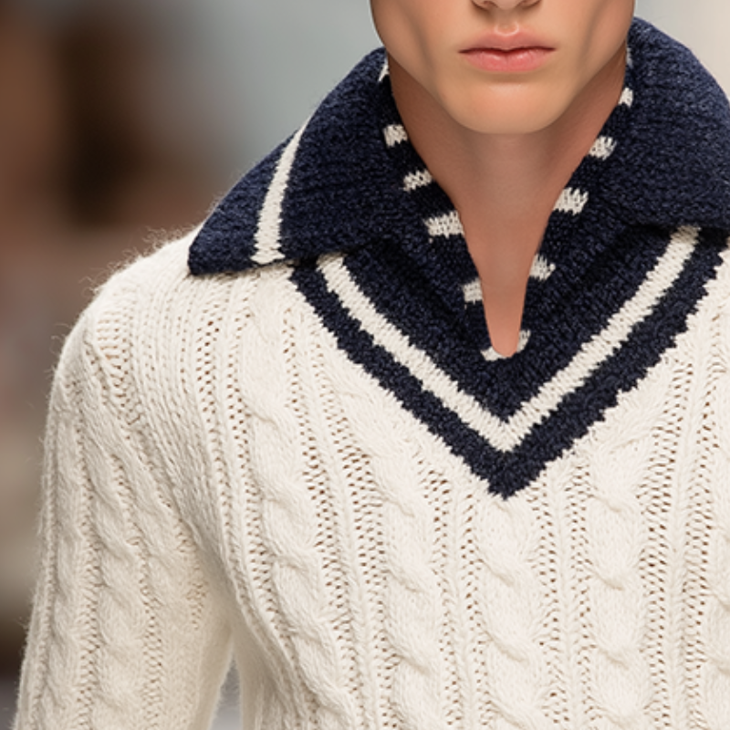 Men's Retro Casual Colorblock Navy Lapel Cable Knit Sweater MTA0193I1TO