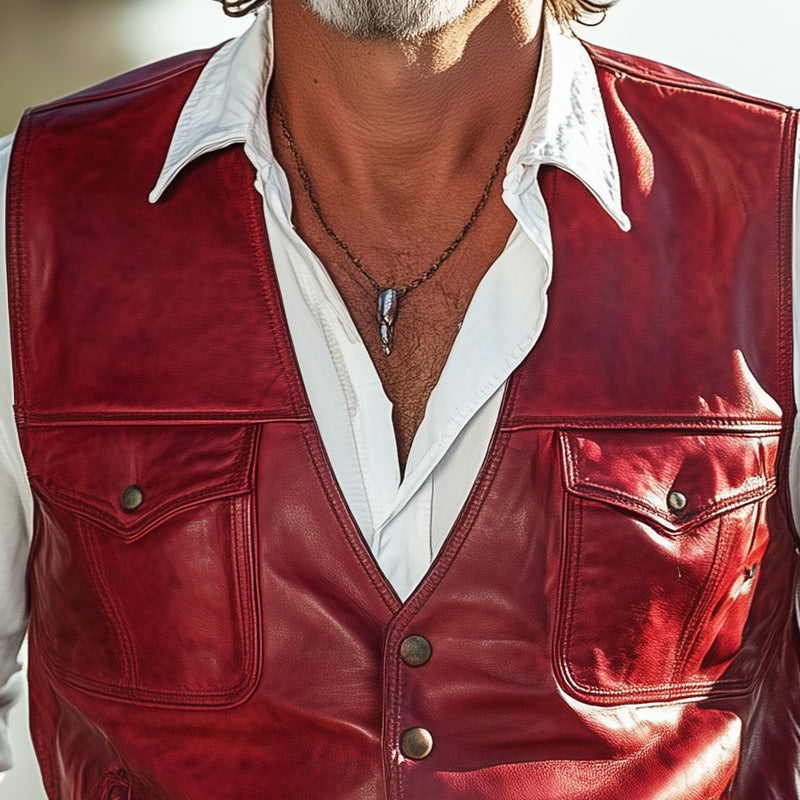 Men's Summer Western Cowboy Style Solid Leather Vest MTA2988D5P