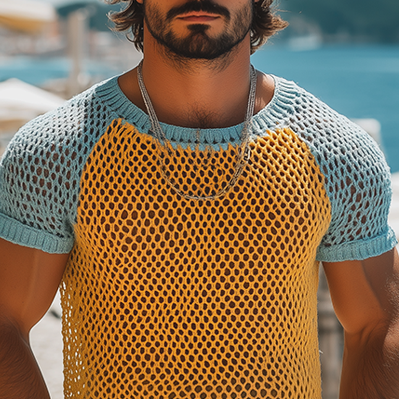 Men's Fashion Casual Hollow Contrast Color Stitching Knitted Round Neck Short-sleeved T-shirt MTA2509F0K