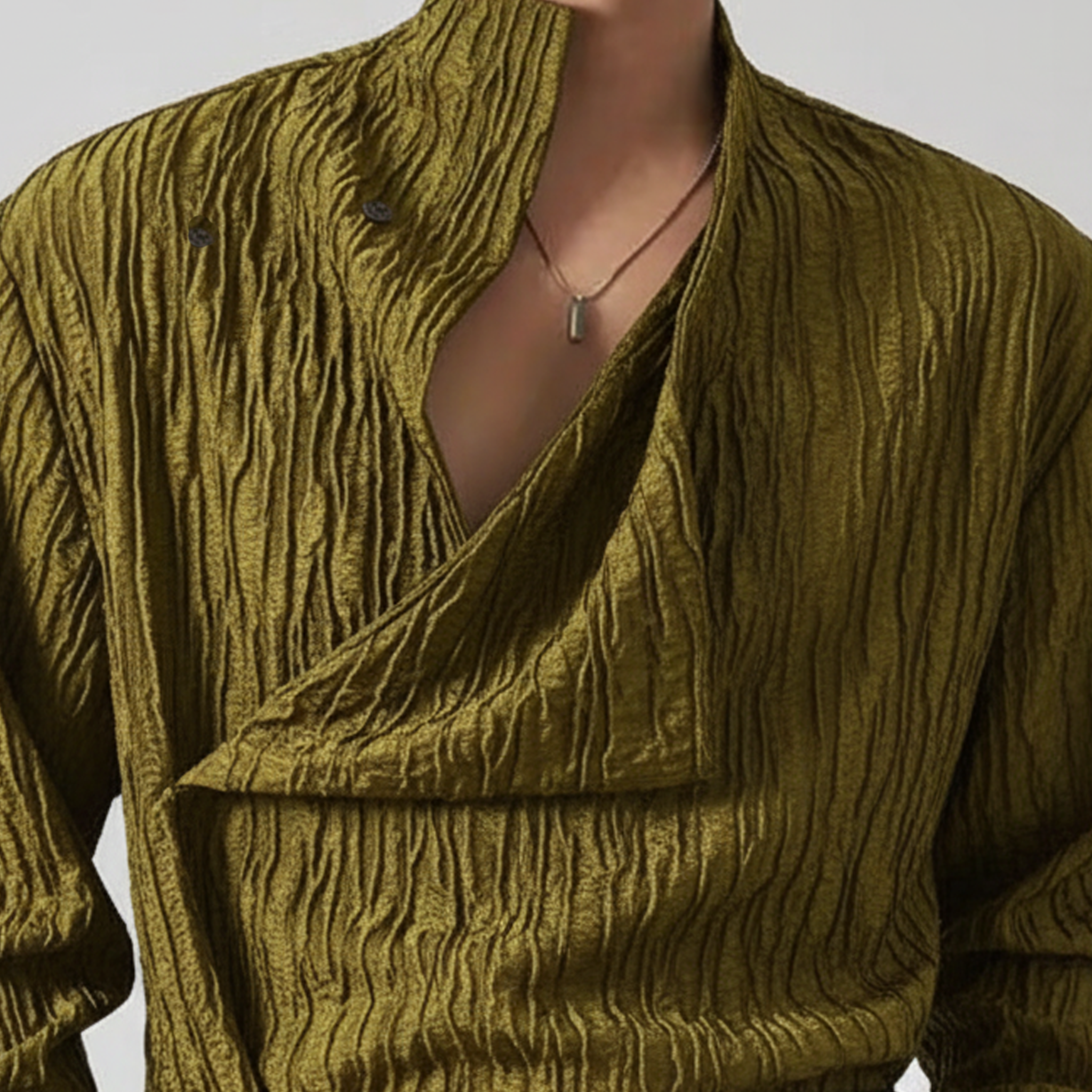 Men's Classic And Stylish Asymmetrical Design Wrinkled Blended Fabric Long-sleeved Shirt MTA3047L6K