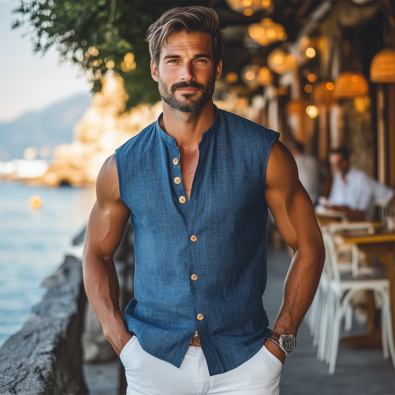 Men's Classic Casual Stand Collar Slim Fit Cotton And Linen Wooden Button Sleeveless Shirt MTA0414F2K