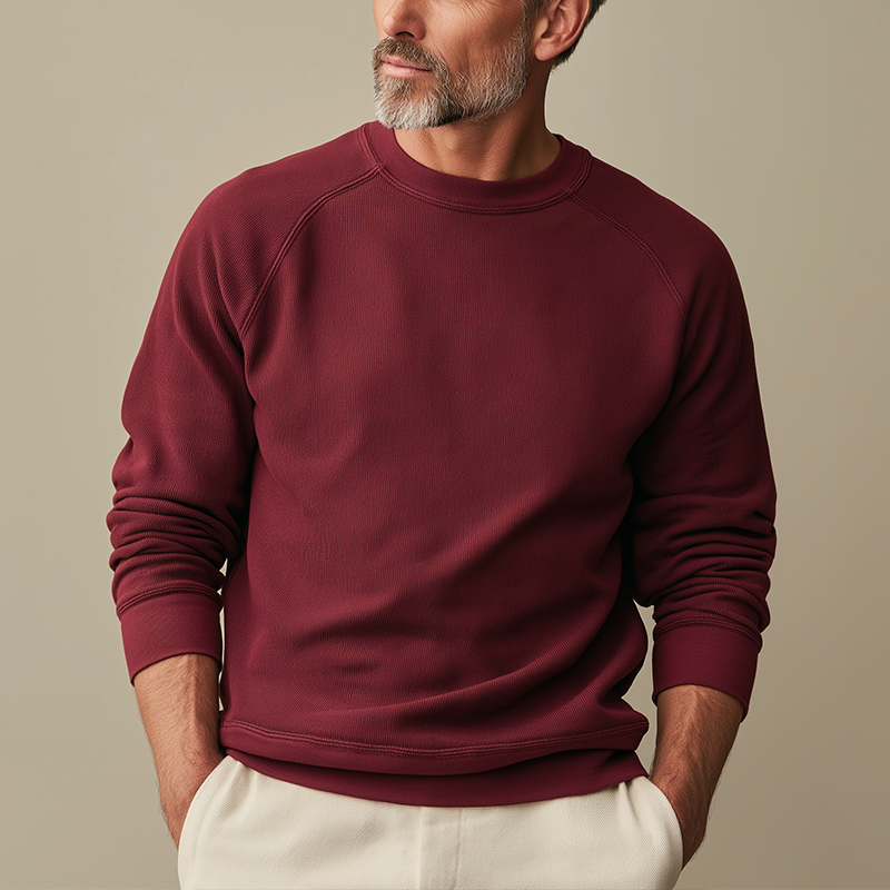 Men's Fashion Solid Color Knitted Ribbed Round Neck Long Sleeve Sweatshirt MTA2742H1P