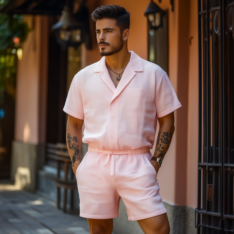 Men's Casual Breathable Cotton Blended Waffle Lapel Slim Fit Short Sleeve Shorts Jumpsuit MTA1390F1M