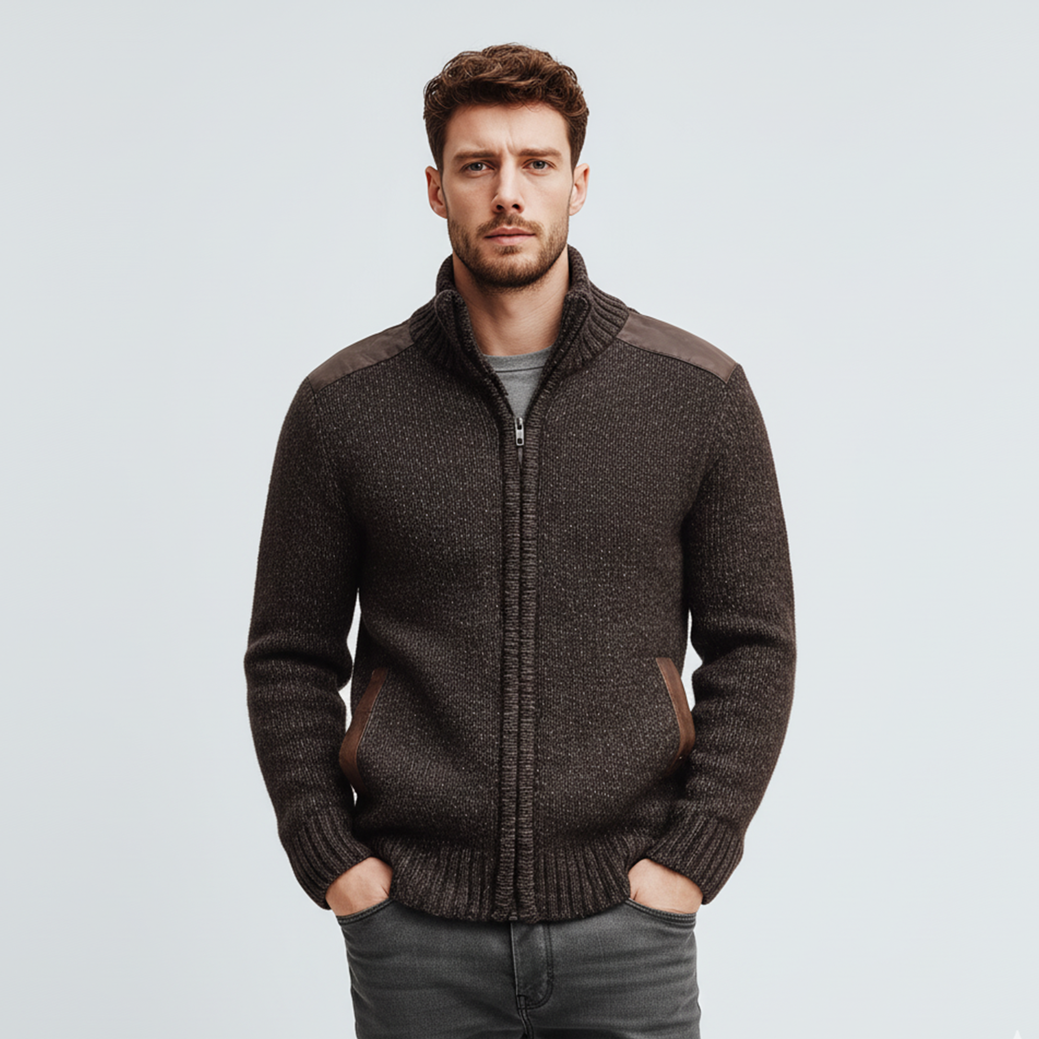 Men's Classic Casual Shoulder And Pocket Stitching PU Leather Stand Collar Zipper Knitted Cardigan MTA0904J8K