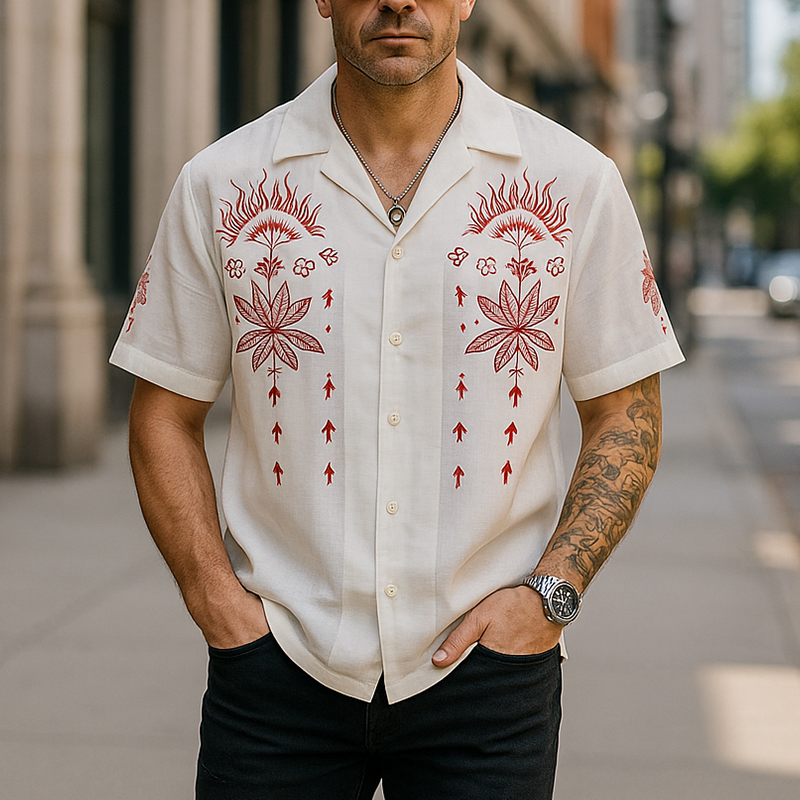 Men's Summer Fashion Embroidery Slub Cotton Short Sleeve Shirt MTA0559G6P
