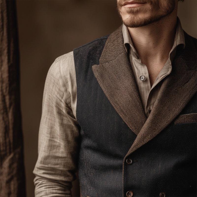 Men's Winter Retro Double-Breasted Slim Fit Herringbone Faux Wool Vest MTA1432J4P