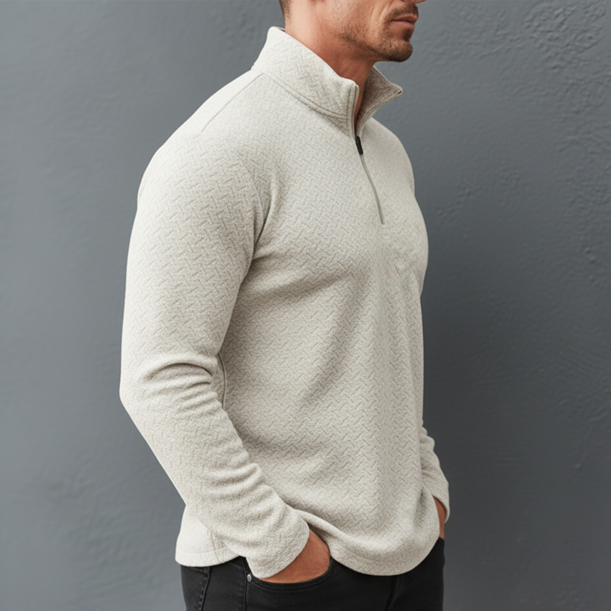 Men's Classic Stand Collar Zipper Textured Dralon Slim Fit Sweatshirt MTA2422J7K