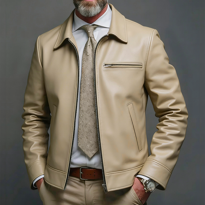 Men's Retro Casual PU Zipper Lapel Jacket MTA0582L2TO