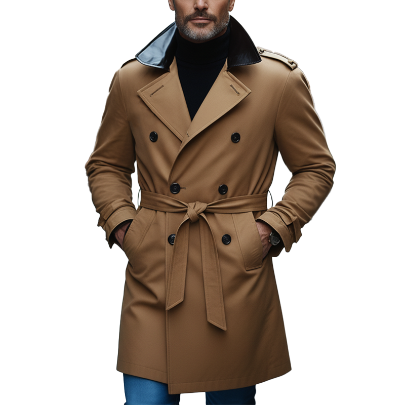 Men's Simple Retro PU Faux Leather Collar Cotton Blend Trench Coat(with Belt) MTA0454K7P