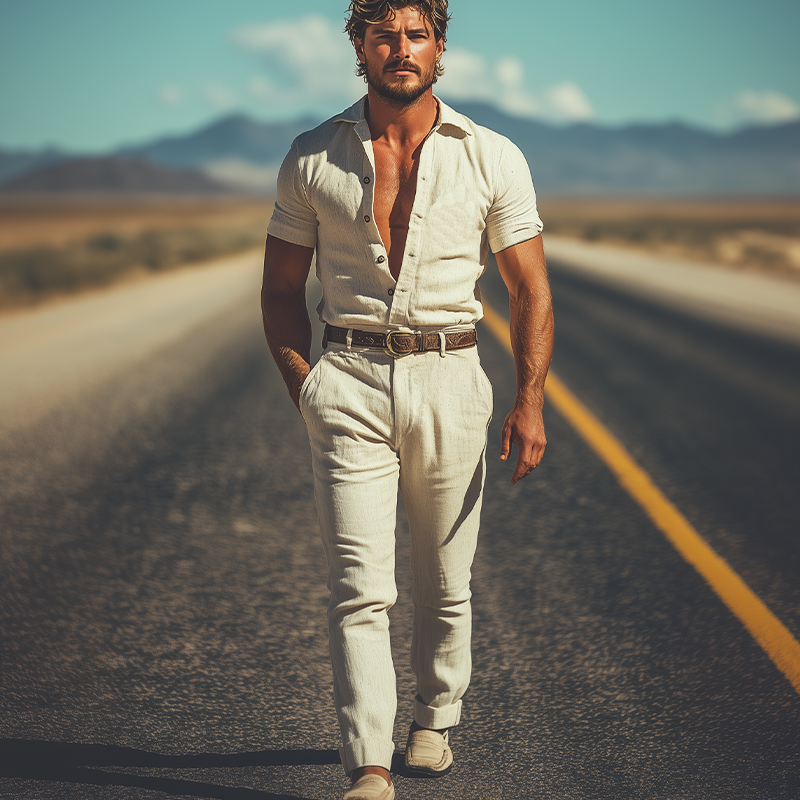 Men's Summer Fashion Retro Western Style Cotton and Linen Jumpsuit (Without Belt) MTA2974D3K