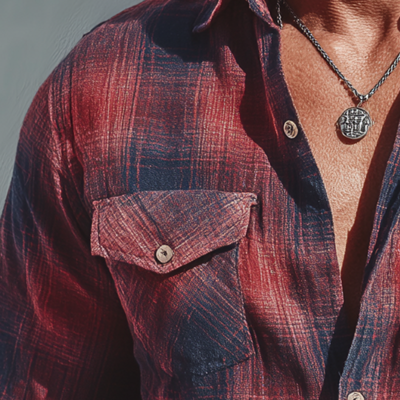 Men's Summer Check Print Linen Blend Long Sleeve Shirt MTA1561G7P