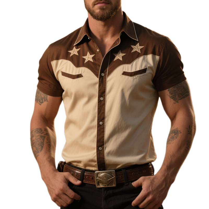 Men's Retro Casual Western Cowboy Style Star Embroidered Lapel Short Sleeve Shirt MTA1652E9TO
