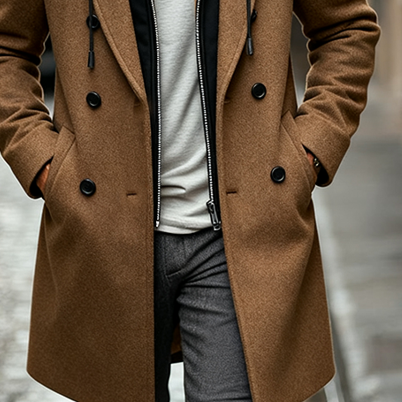 Men's Casual Contrast Color Fake Two-piece Faux Wool Mid-length Coat MTA2477J3X