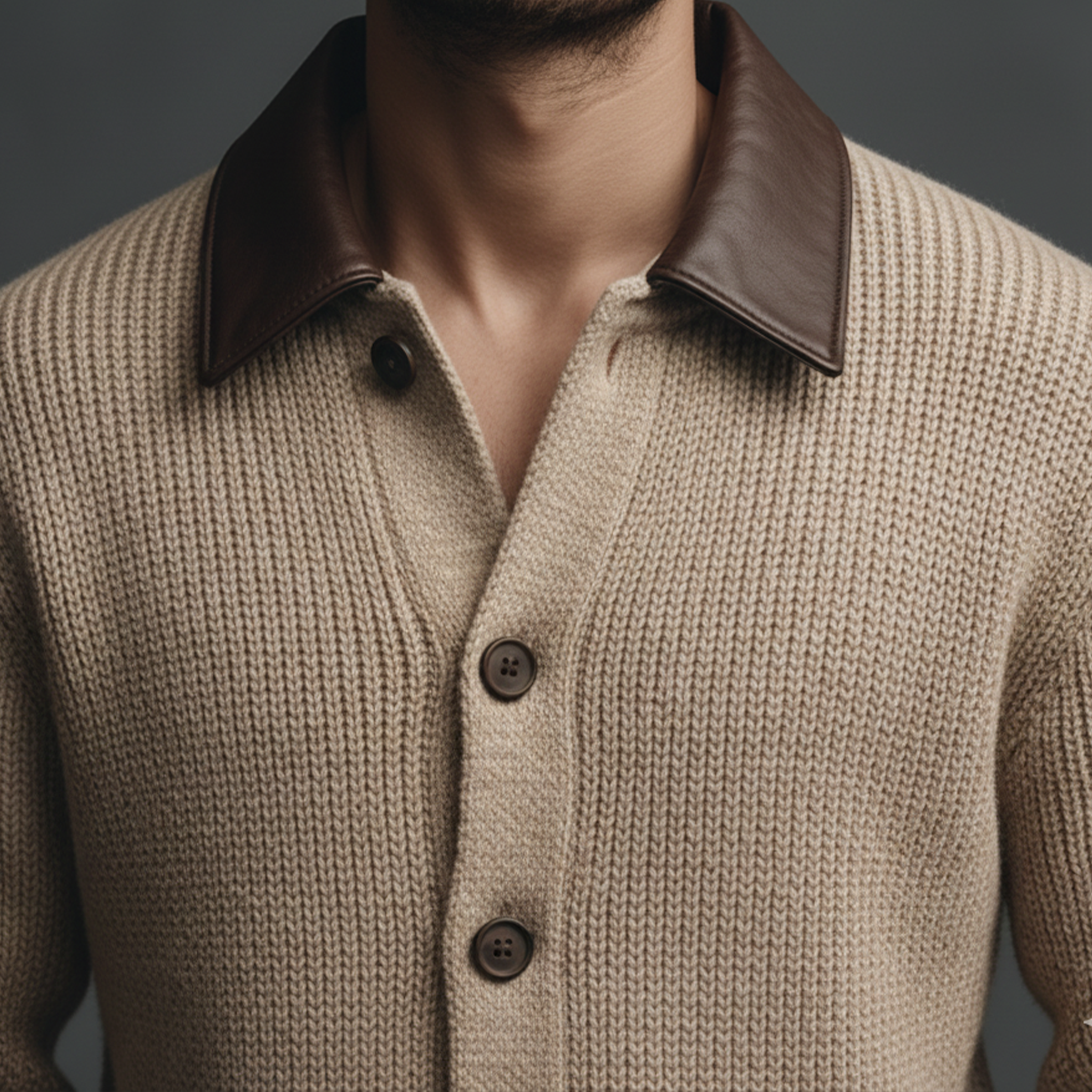 Men's Classic Retro Lapel Stitching PU Leather Knitted Cardigan MTA2397J2K