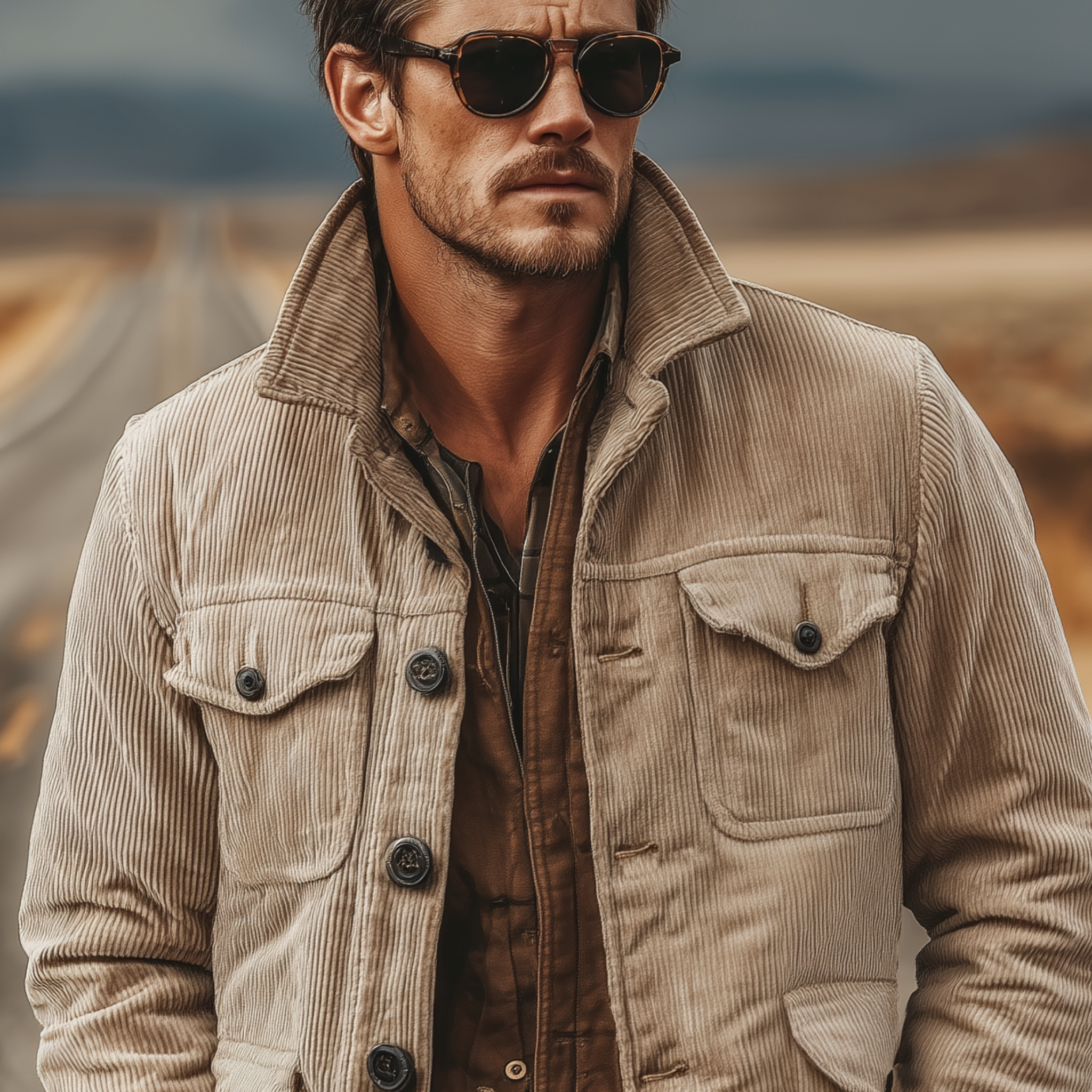 Men's Classic Retro Western Style Stand-up Collar Multi-pocket Corduroy Jacket MTA2506K2K