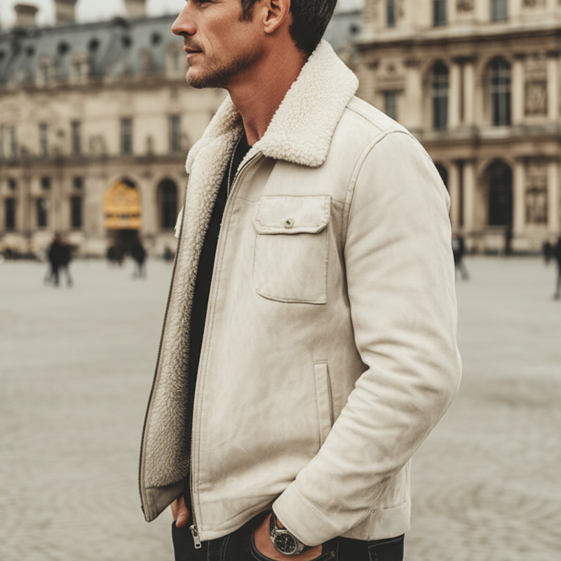 Men's Urban Light Beige Suede And Warm Fleece Lined Jacket MTA1301K9U