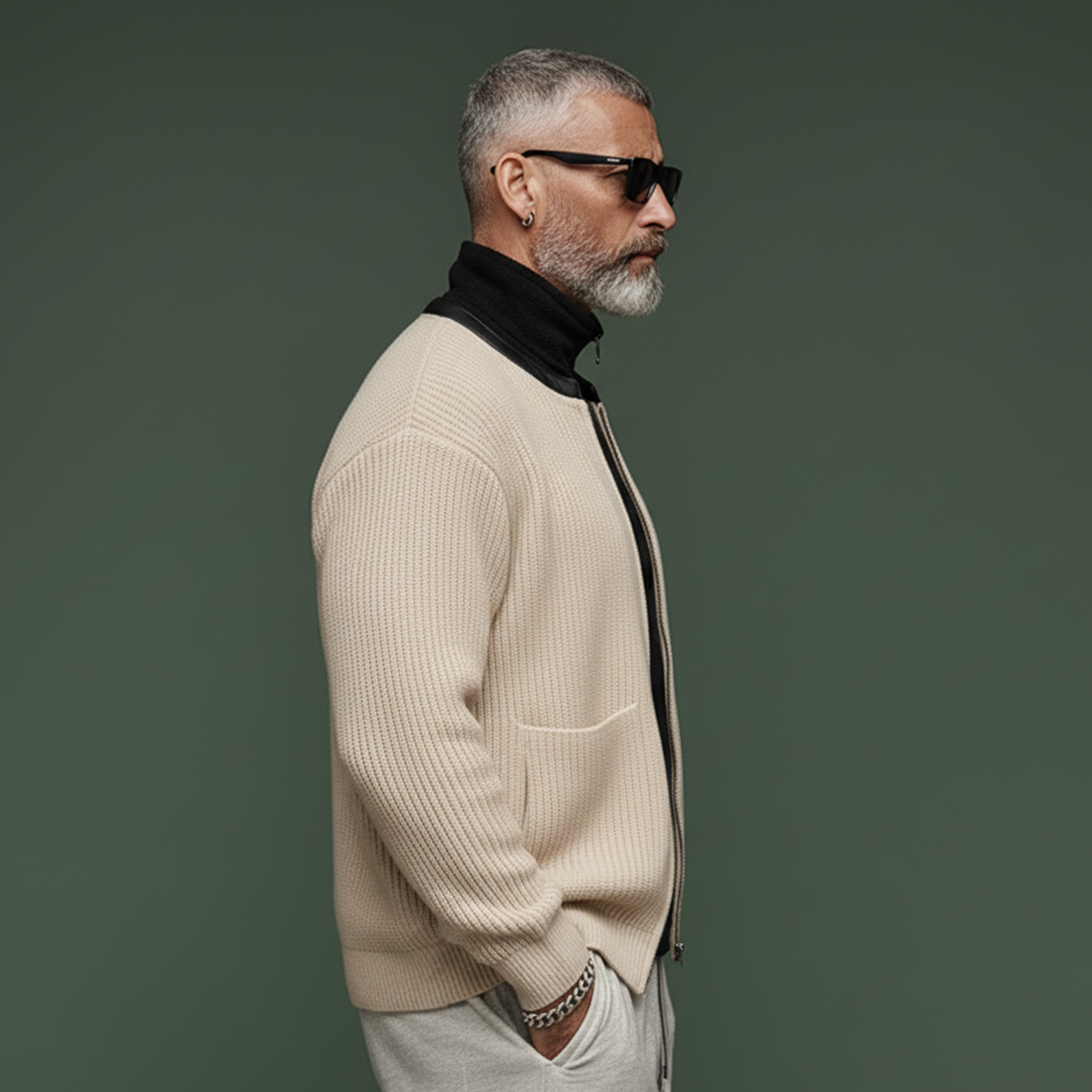 Men's Classic Casual PU Leather Collar Zip-up Knit Cardigan MTA0390K2K