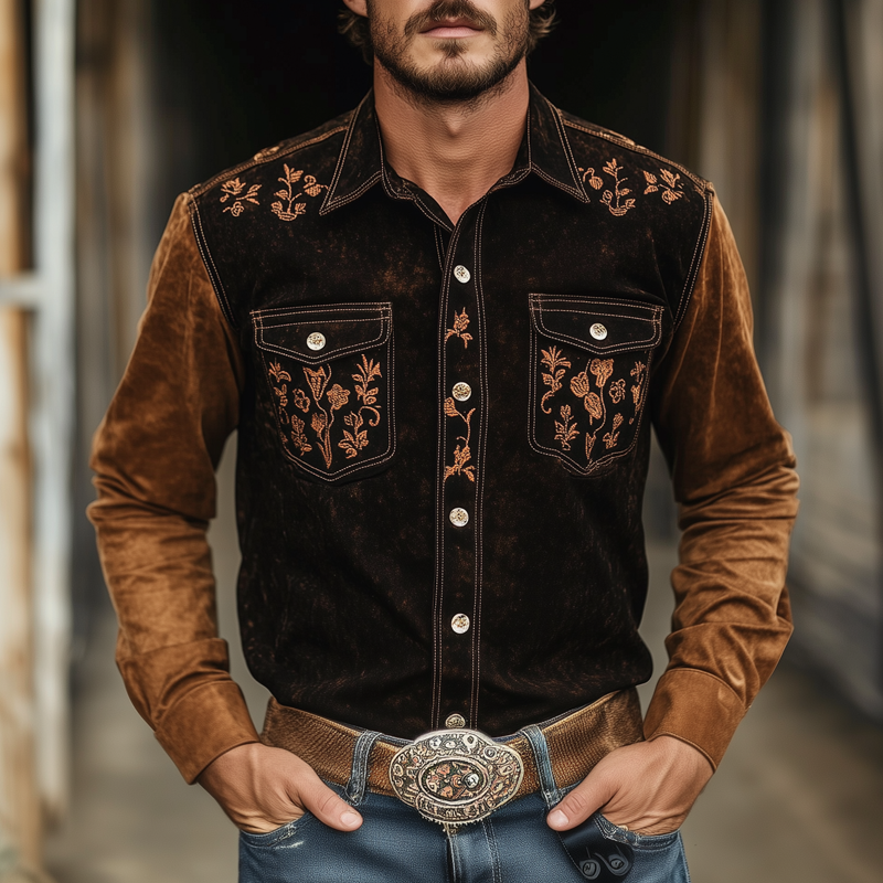 Men's Retro Contrast Color Western Cowboy Floral Embroidered Lapel Shirt MTA2053H7X
