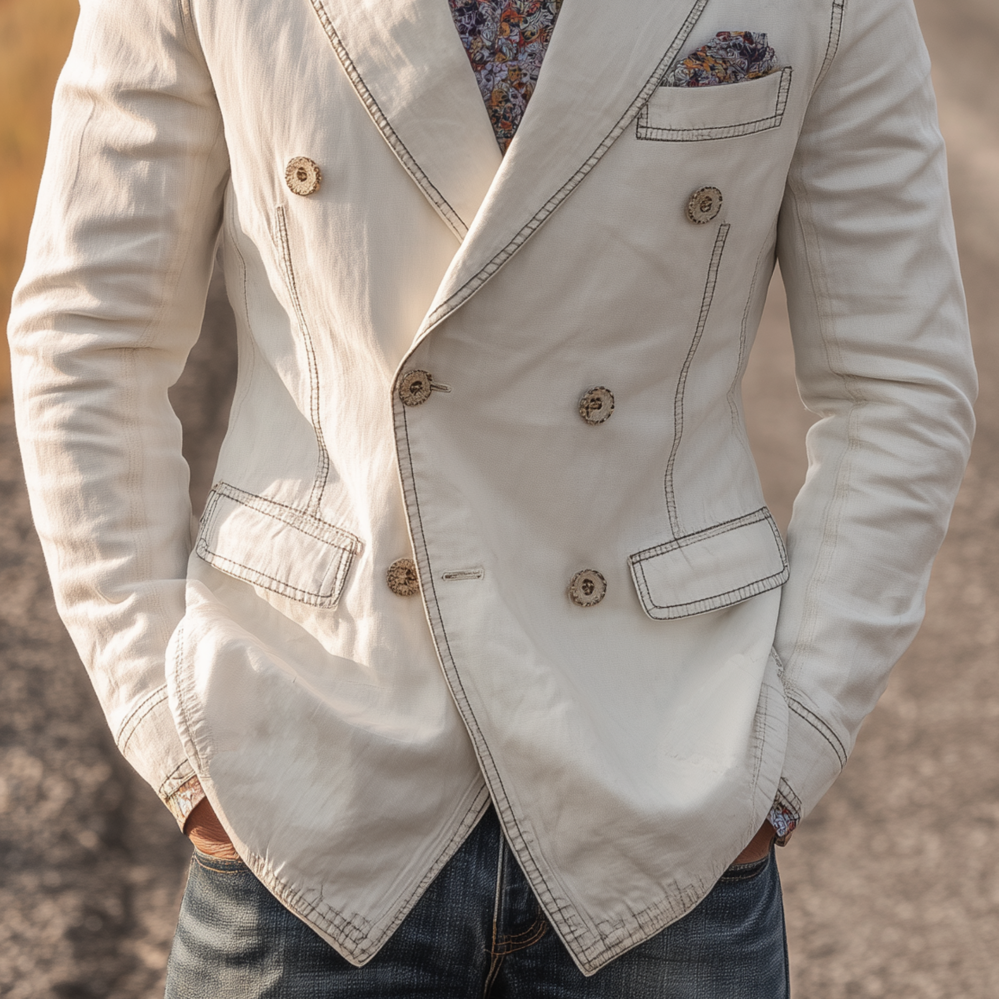 Men's Classic Vintage Washed Denim Double-breasted Slim-fit Blazer MTA0820H3K