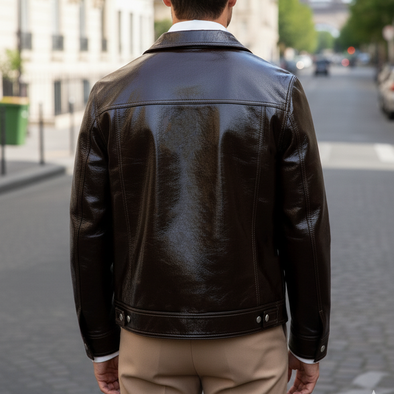 Men's Classic Chocolate Snap Button Shiny PU Leather Jacket MTA1023J5U