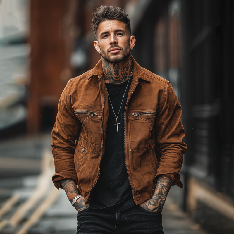 Men's Washed Cotton Lapel Multi-pocket Zipper Cargo Jacket MTA0119H7Z