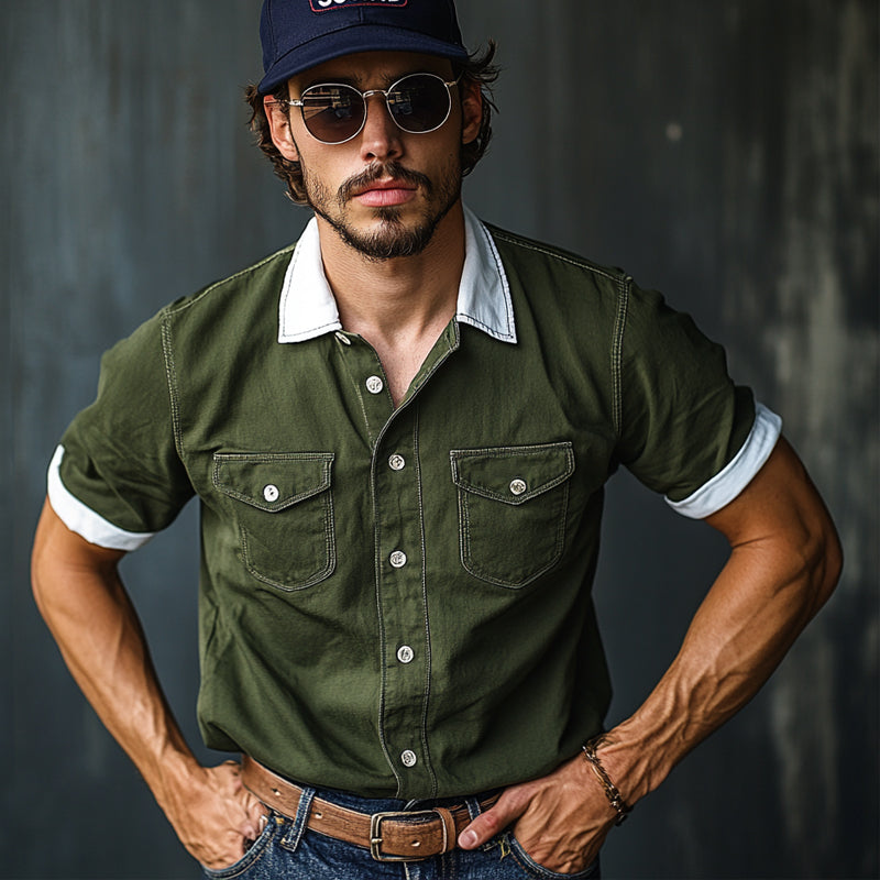 Men's Cotton Lapel Multi-Pocket Short Sleeve Shirt MTA0322F7X
