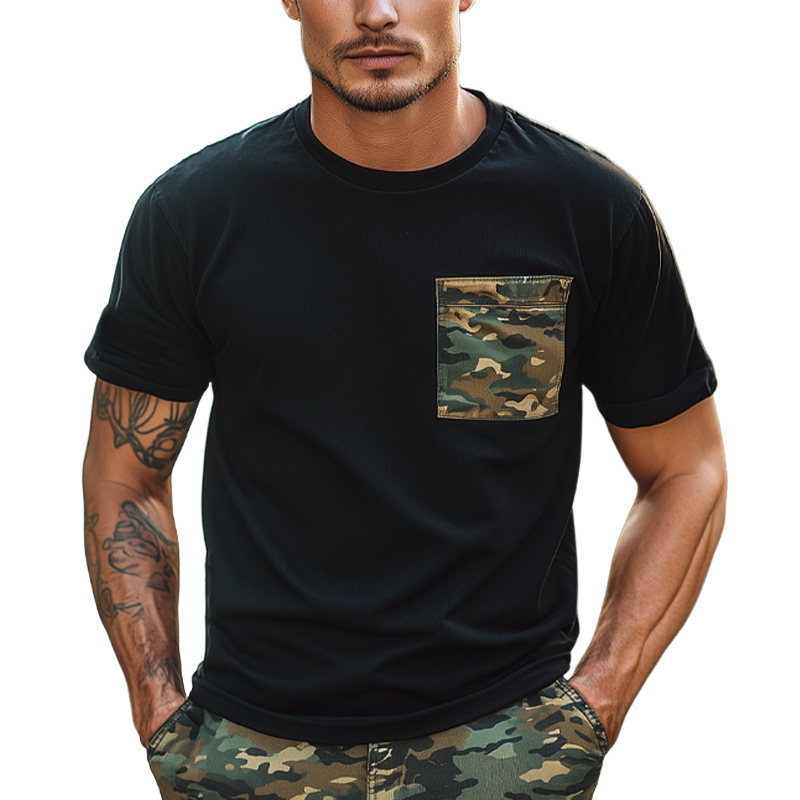 Men's Classic Round Neck Camouflage Patchwork Short Sleeve T-Shirt MTA2381F9U