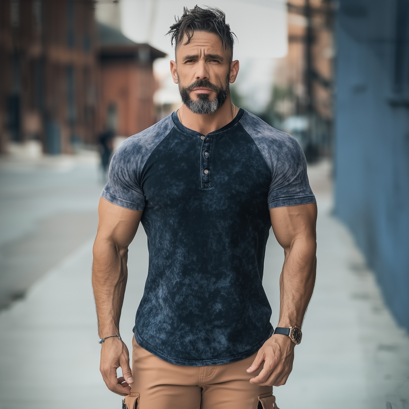 Men's Casual Distressed Colorblock Print Henley Collar Slim Fit Short Sleeve T-shirt MTA0329G9M