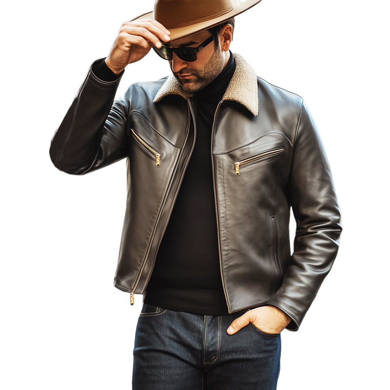 Men's Vintage PU Leather Lambswool Collar Zipper Jacket MTA2894H4U