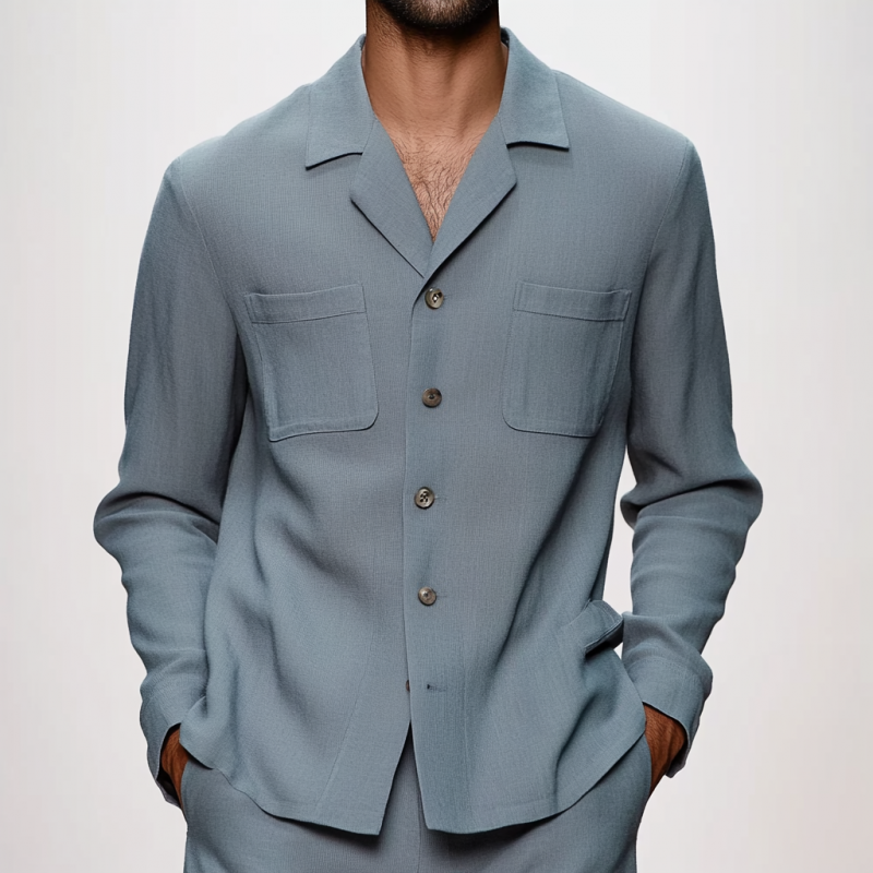 Men's Casual Breathable Cotton Linen Notched Lapel Single Breasted Patch Pocket Loose Long Sleeve Shirt MTA1248E2M