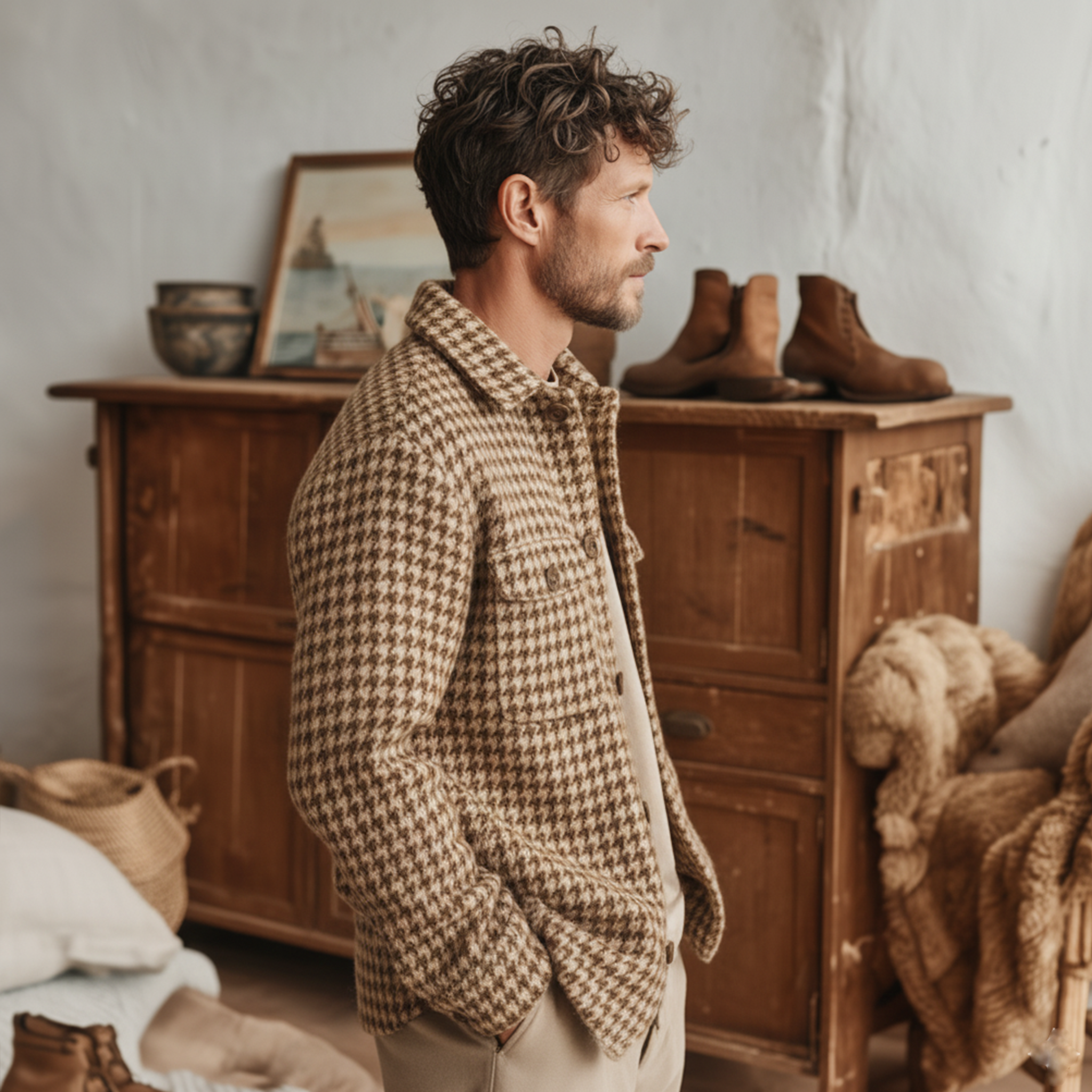 Men's Classic Casual Faux Houndstooth Wool Shirt MTA2742J7K