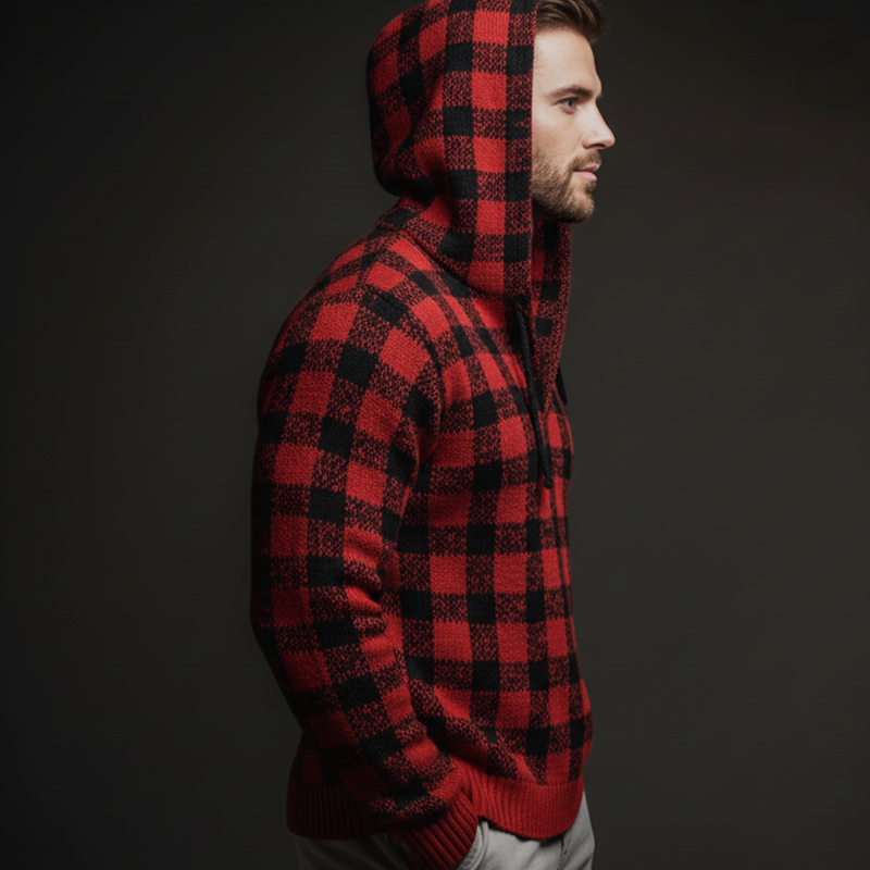 Men's Classic Red And Black Plaid Casual Knit Hoodie MTA2887J1U