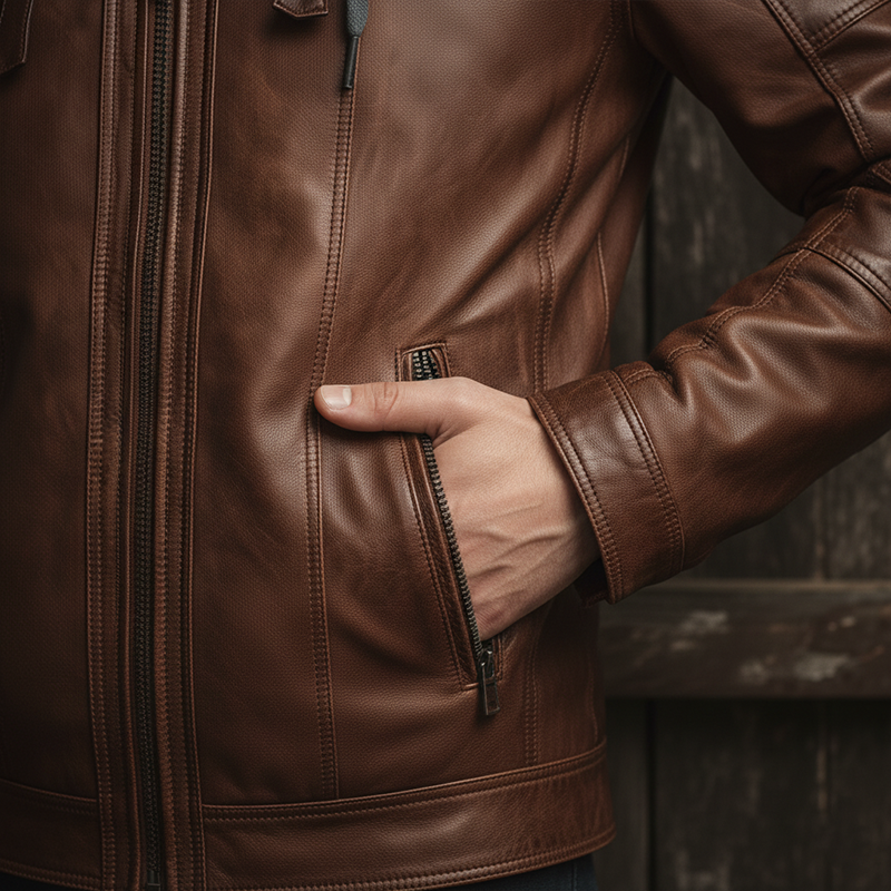 Men's Winter Fake Two-Piece Hooded Zipper Leather Jacket MTA1100J0P