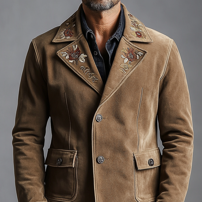 Men's Retro Embroidered Faux Suede Lapel Button Blazer MTA2853K2X