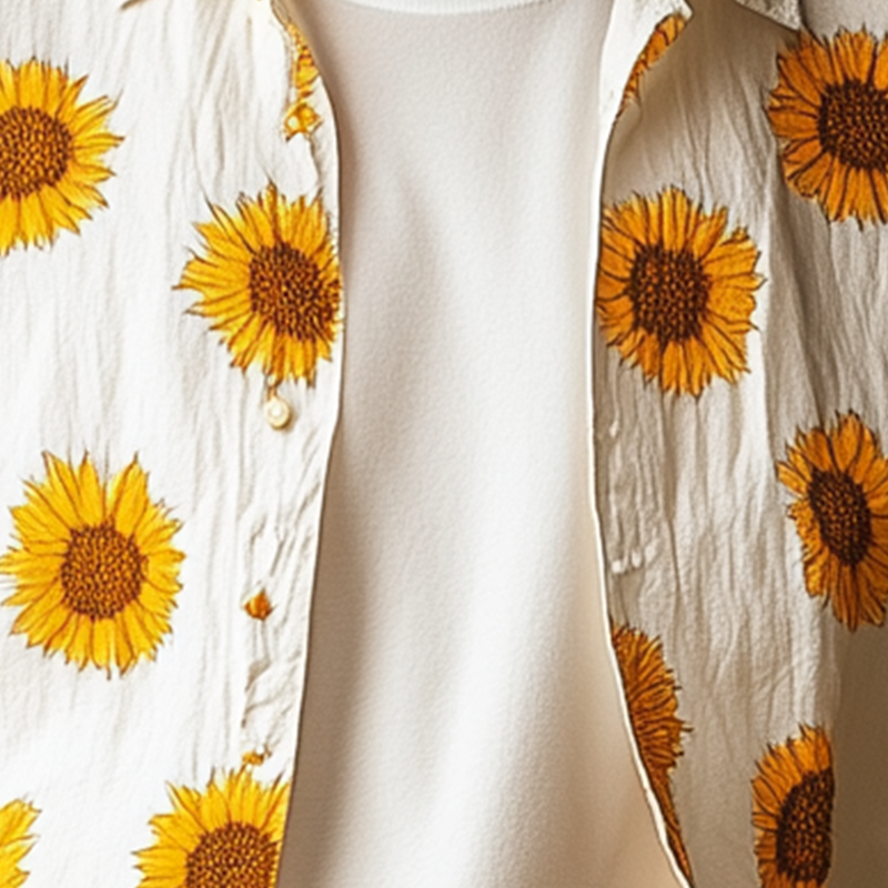 Men's Summer Fashion Sunflower Print Cotton And Linen Long Sleeve Shirt MTA1735F8P
