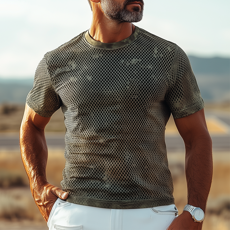 Men's Classic Retro American Western Camouflage Mesh Fabric Slim Short-sleeved T-shirt MTA0506F9K