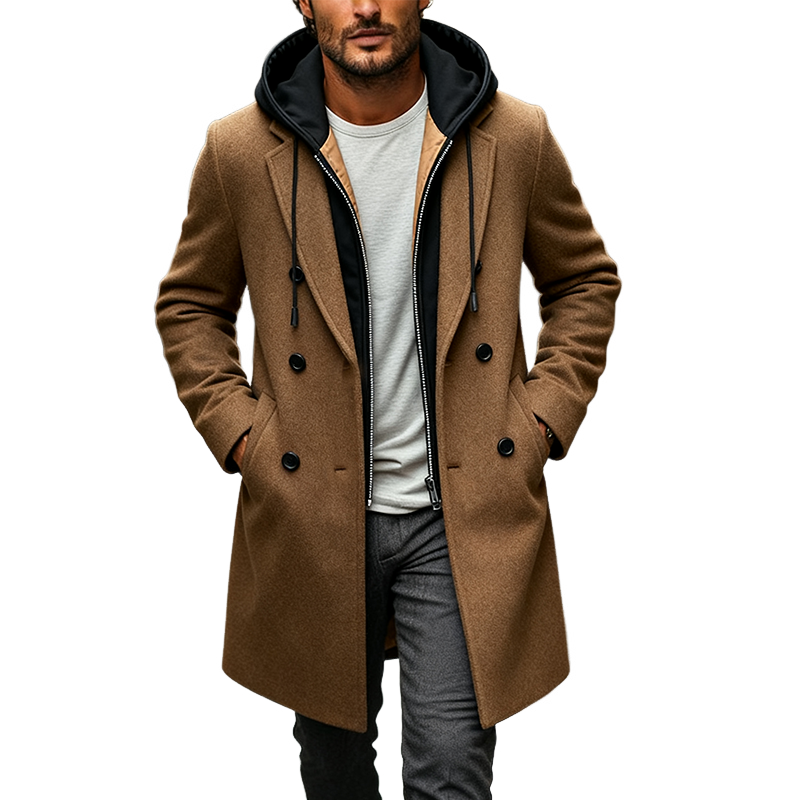 Men's Casual Contrast Color Fake Two-piece Faux Wool Mid-length Coat MTA2477J3X