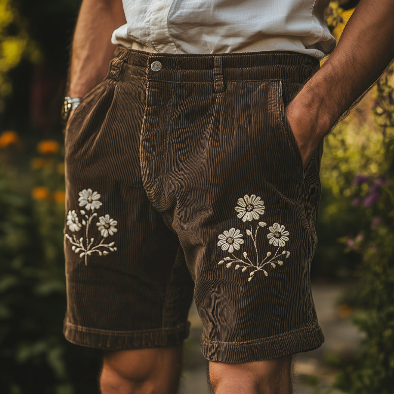 Men's Summer British Retro Embroidered Corduroy Shorts MTA2675E8U