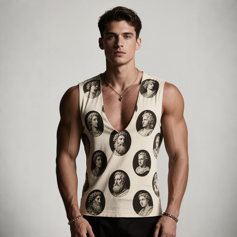 Men's Retro Casual Classical Printed V-Neck Sleeveless Tank Top MTA1979F0TO