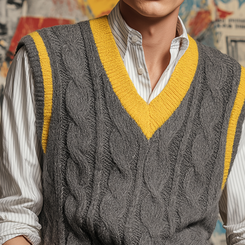 Men's Retro Casual Simple Knitted Colorblock V-Neck Vest MTA2387I4TO
