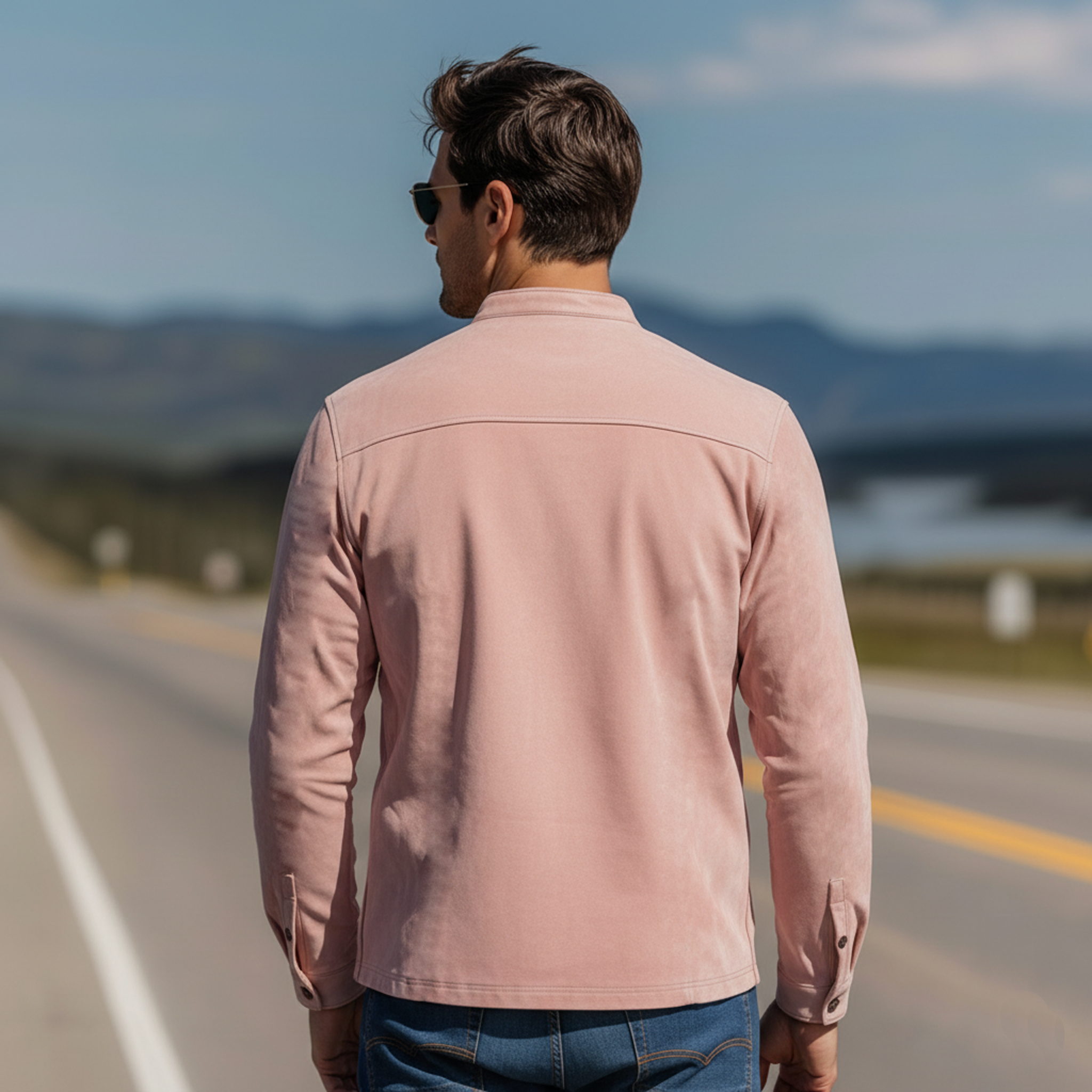 Men's Classic Vintage PU Leather Placket Stand-collar Pink Suede Long-sleeved Shirt MTA2999L6K