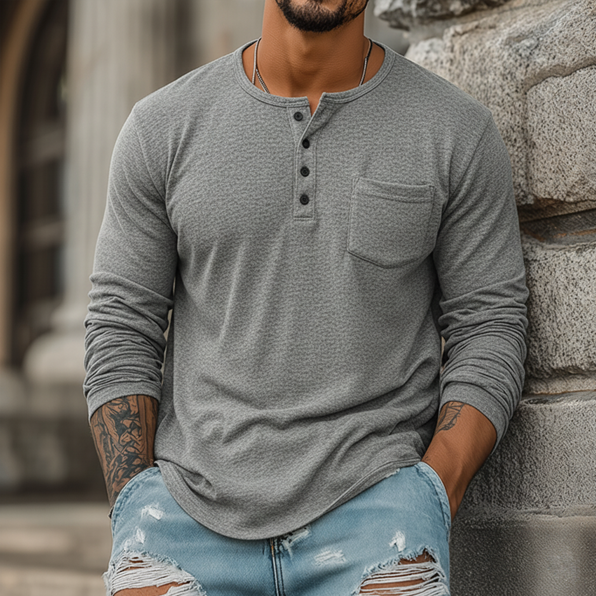 Men's Classic Henley Collar Dralon Warm Long Sleeve T-Shirt MTA2076J3K