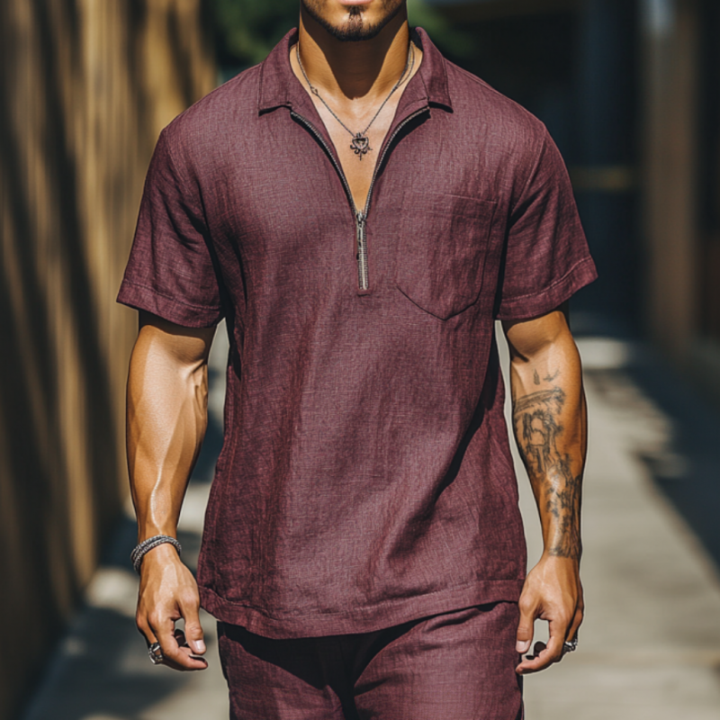 Men's Casual Breathable Linen Zipper Lapel Patch Pocket Loose Short Sleeve Polo Shirt MTA2375E4M
