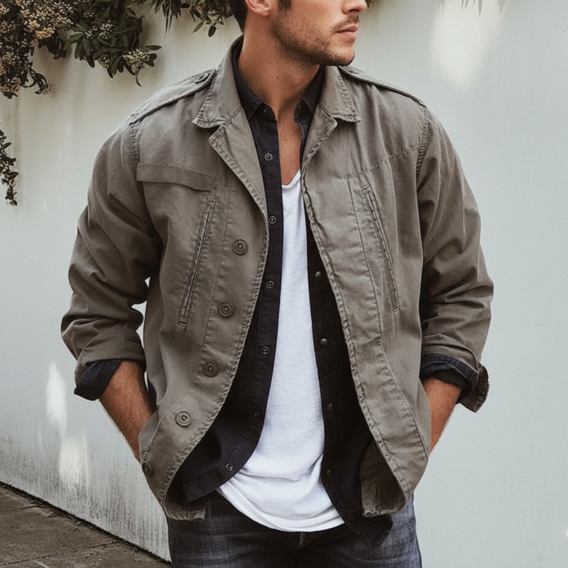 Men's Classic Retro Grey Distressed Cotton Button Jacket MTA0361K7U