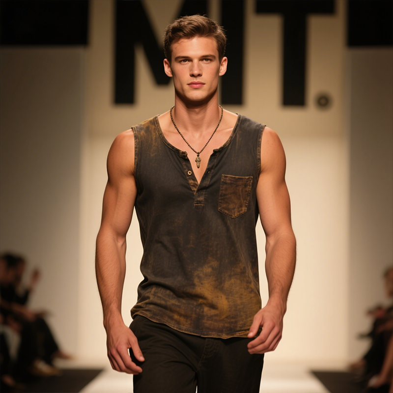 Men's Vintage Casual Gradient Print Henley Neck Sleeveless Tank Top MTA2354F8TO
