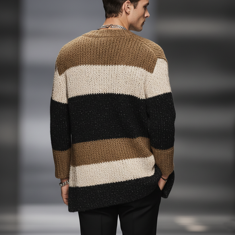 Men's Classic Colorblock Stand Collar Mid-length Knitted Cardigan MTA2753J3U