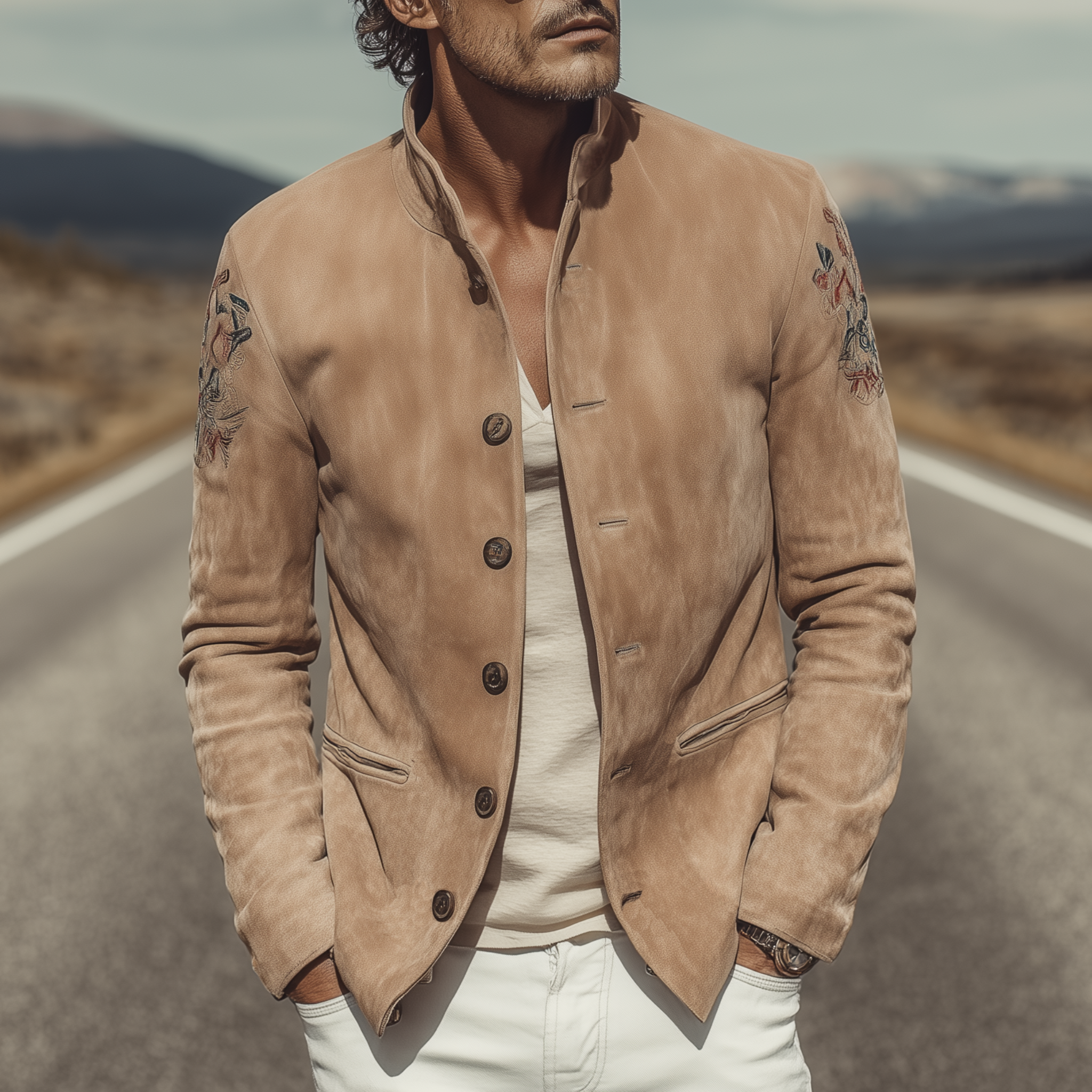 Men's Classic Retro Western Style Stand Collar Embroidered Suede Jacket MTA2127H9K