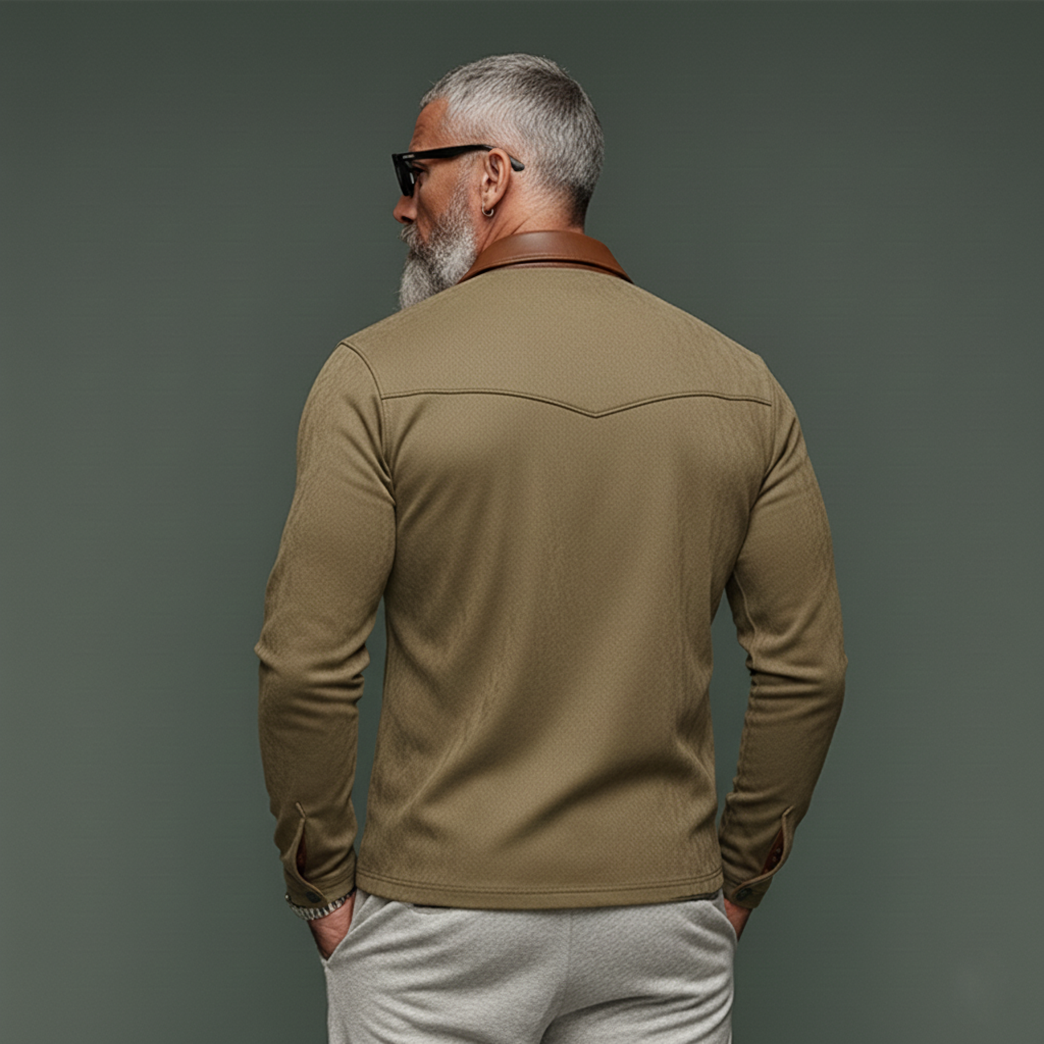 Men's Classic Vintage PU Leather Collar Slim-fit Faux Suede Long-sleeved Shirt MTA1719L6K