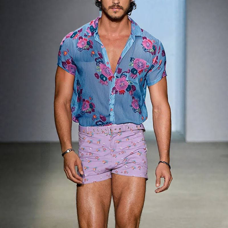Men's Floral Lapel Short Sleeve Shirt Shorts Set MTA1229F6Z (Without Belt)