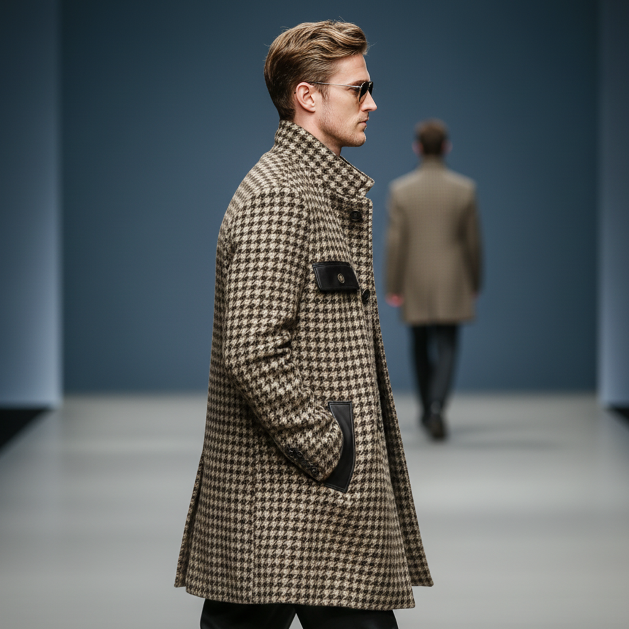 Men's Classic Retro Pocket Stitching PU Leather Stand Collar Faux Houndstooth Wool Coat MTA1199J8K